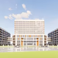 Modern Multistory Building With Central Tower Side Wings Glass Windows Front Plaza Lawn And Parking