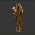 Man In Traditional Brown Robes Holding Lamb With Wooden Staff Wearing Sandals