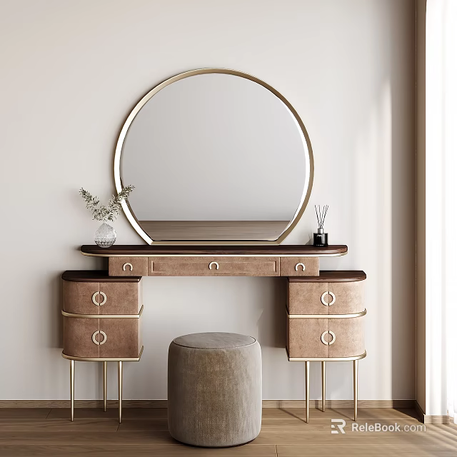 Elegant Brown Dressing Table With Round Gold Frame Mirror Drawers And Gray Stool Decorative Plants 3d model 