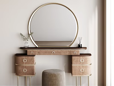 Elegant Brown Dressing Table With Round Gold Frame Mirror Drawers And Gray Stool Decorative Plants 3d model