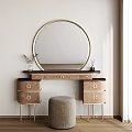 Elegant Brown Dressing Table With Round Gold Frame Mirror Drawers And Gray Stool Decorative Plants