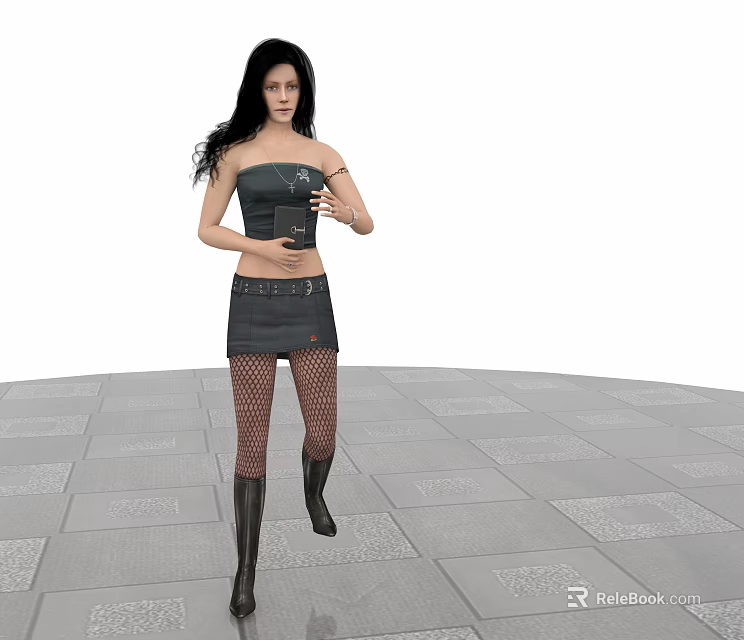 Woman In Strapless Top Short Skirt Fishnet Stockings Black Boots Holding Object On Checkerboard Floor 3d model 