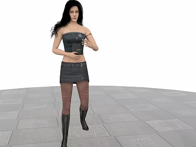 Woman In Strapless Top Short Skirt Fishnet Stockings Black Boots Holding Object On Checkerboard Floor 3d model