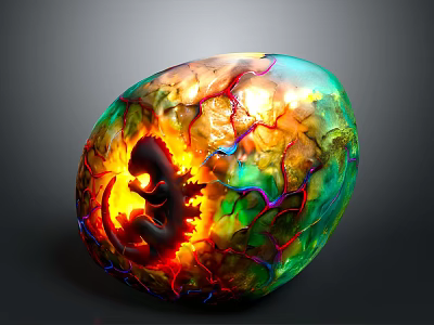 Fantasy Dragon Egg With Baby Dragon Inside Luminous Glow And Colorful Veined Surface 3d model