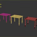Three Various Colored Wooden Coffee Tables with Lattice Design and Square Legs