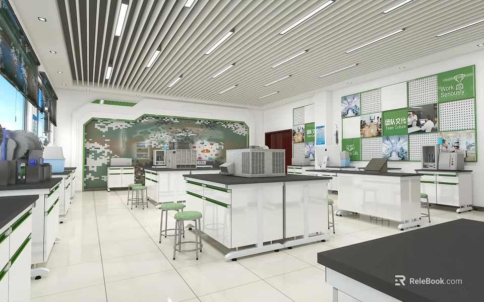 Modern School Science Laboratory With White Lab Benches And Equipment 3d model 