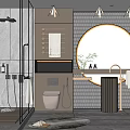 Modern Bathroom Interior Design Featuring Round Mirror Wall Mounted Shelves Shower Enclosure And Green Plant