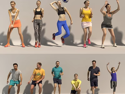 Group of People in Different Dynamic Poses With Casual Sporty Outfits 3d model