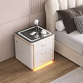 White Nightstand With Gold Accents Next To Beige Upholstered Headboard In Pink Striped Wall Bedroom