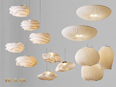 Light Colored Fabric Chandeliers With Various Wavy Round Designs On Gray Background 3d model