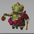 Cartoon Green Frog Character With Hat Number 6 On Forehead Pink Beads Gourd And Staff