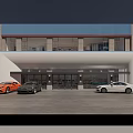 Illuminated 4S Dealership Exterior At Night With Parked Cars Near Entrance