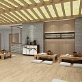 Serene SPA Sauna Space With Wooden Ceiling Stone Walls Tables Black Lanterns And Orange Flowers