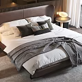 Modern Double Bed with Brown Headboard Pillows Striped Blanket and Side Tables in Minimalist Bedroom
