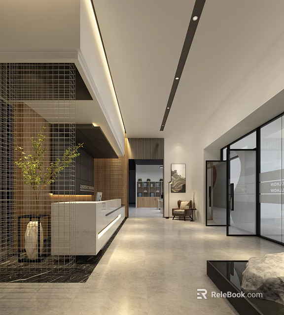 Modern Front Desk Reception Area Interior With White Desk Decorative Plant And Glass Doors 3d model 