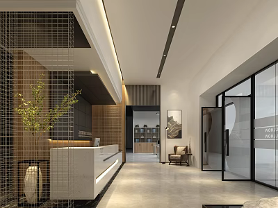 Modern Front Desk Reception Area Interior With White Desk Decorative Plant And Glass Doors 3d model