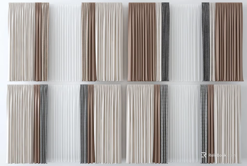 Stylish Modern Curtains With Beige Brown Gray And Striped Solid Textured Fabric For Home Decor 3d model 