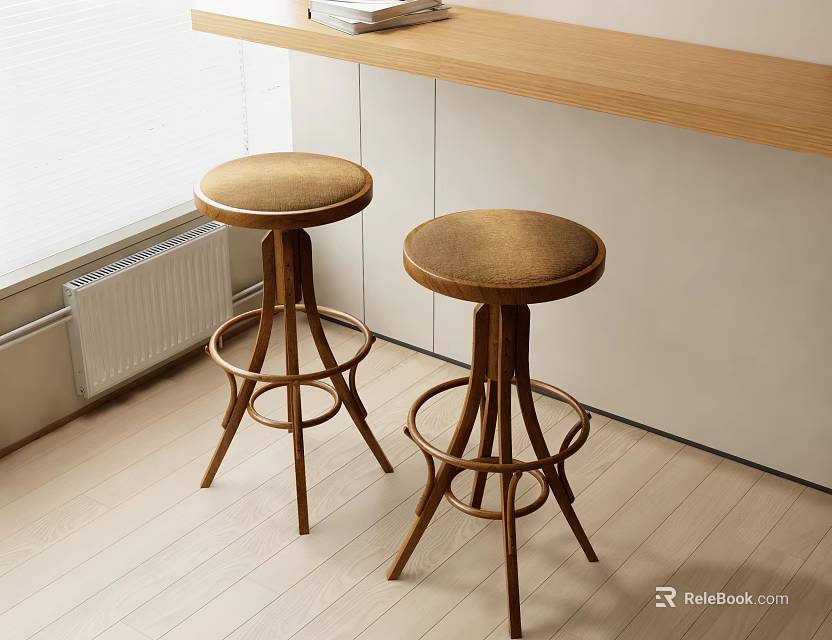 Minimalist Interior With Wooden Bar Counter And Two Round Bar Stools 3d model 