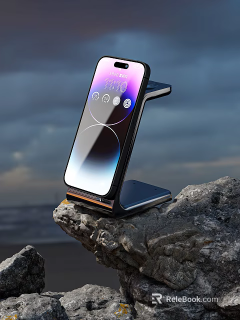 Foldable Mobile Phone With Stand On Rock Showing Screen Display Against Sky 3d model