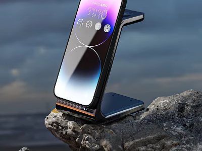 Foldable Mobile Phone With Stand On Rock Showing Screen Display Against Sky 3d model