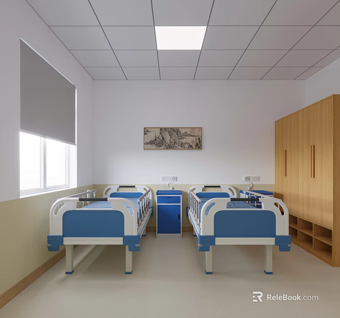 Hospital Outpatient Ward Interior With Beds Cabinets Windows And Art 3d model 