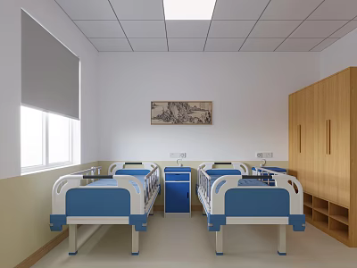 Hospital Outpatient Ward Interior With Beds Cabinets Windows And Art 3d model