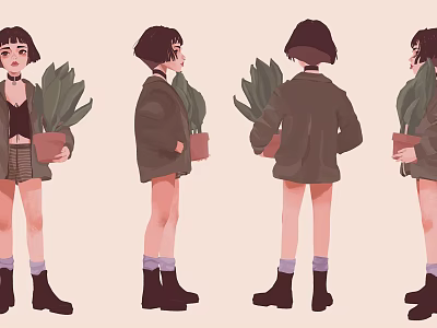 Woman With Short Hair Holding Green Plant Wearing Coat Shorts And Black Boots In Multiple Angles 3d model