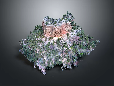 Reddish Brown Rock Building On Hilltop With Green Vegetation And Natural Landscape 3d model