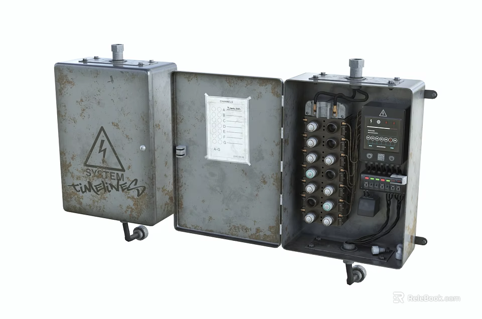 Industrial Electrical Control Box With Metal Enclosure Open Cover Internal Components Warning Sign And Wheels 3d model 