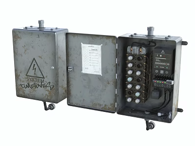 Industrial Electrical Control Box With Metal Enclosure Open Cover Internal Components Warning Sign And Wheels 3d model