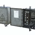 Industrial Electrical Control Box With Metal Enclosure Open Cover Internal Components Warning Sign And Wheels