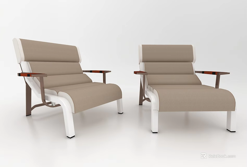 Modern Single Sofa with Light Brown Upholstery Wooden Armrests and White Legs Design 3d model 
