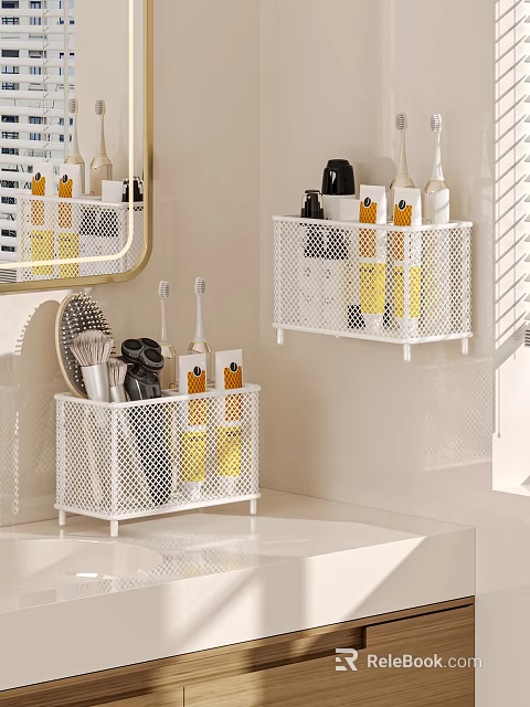 Modern Bathroom Accessories With White Grid Storage Racks And Organized Toiletries 3d model 