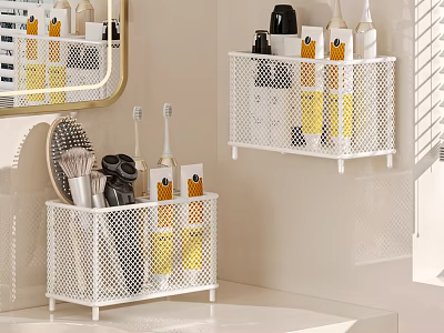 Modern Bathroom Accessories With White Grid Storage Racks And Organized Toiletries 3d model