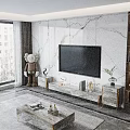 Modern TV Background Wall with Marble Texture Flat Screen TV Gold Stand and Decorative Elements 3d model