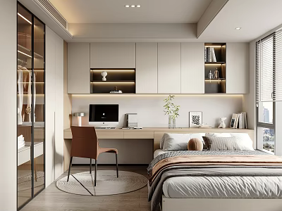 Modern Tatami Bedroom Interior With Wooden Desk Built in Wardrobe And Cozy Bed 3d model