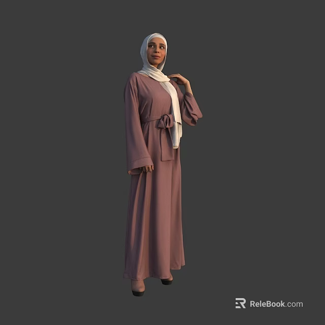 Stylish Woman Wearing Dusty Pink Belted Abaya With White Hijab In Standing Pose 3d model 