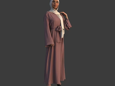 Stylish Woman Wearing Dusty Pink Belted Abaya With White Hijab In Standing Pose 3d model