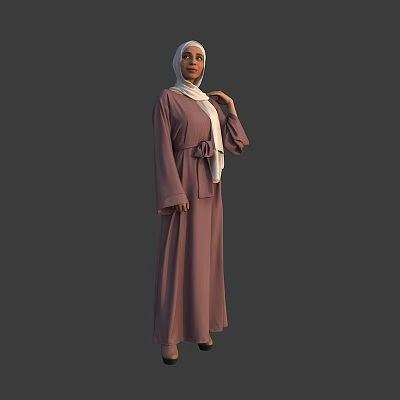 Stylish Woman Wearing Dusty Pink Belted Abaya With White Hijab In Standing Pose 3d model