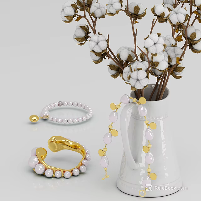 Elegant Jewelry Accessories With Pearl Bracelet Gold Ring Pink Beads And White Vase Cotton Flowers 3d model 