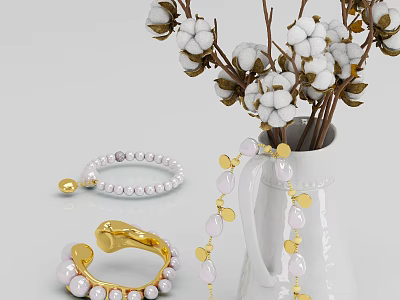 Elegant Jewelry Accessories With Pearl Bracelet Gold Ring Pink Beads And White Vase Cotton Flowers 3d model