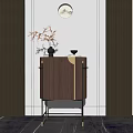 Entryway Console Table Side Cabinet Dark Wood Finish Metal Frame With Decorative Items Minimalist Design