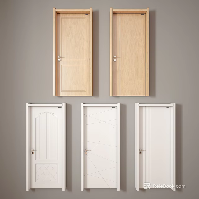 Wooden And White Interior Hinged Doors Featuring Different Panel Designs And Styles 3d model