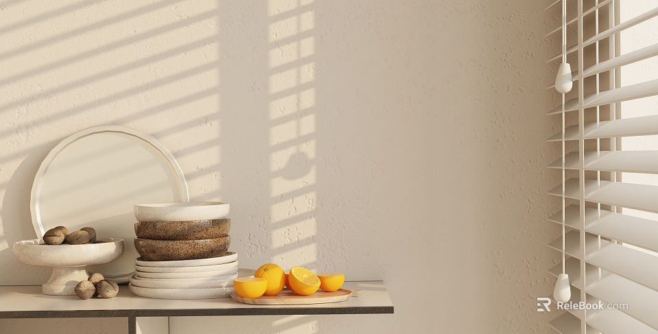 Kitchenware Display With Stacked Plates Lemons And Light Shadows On Table Against White Wall 3d model 