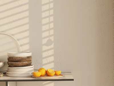 Kitchenware Display With Stacked Plates Lemons And Light Shadows On Table Against White Wall 3d model