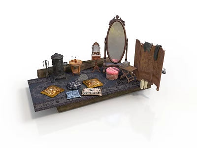 Vintage Architectural Interior Scene With Large Mirror Small Table Cushions Cabinet And Stool 3d model
