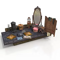 Vintage Architectural Interior Scene With Large Mirror Small Table Cushions Cabinet And Stool