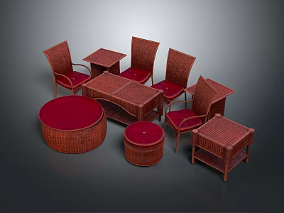 Natural Wicker Table And Chairs Set With Red Cushions And Round Stools 3d model