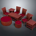 Natural Wicker Table And Chairs Set With Red Cushions And Round Stools