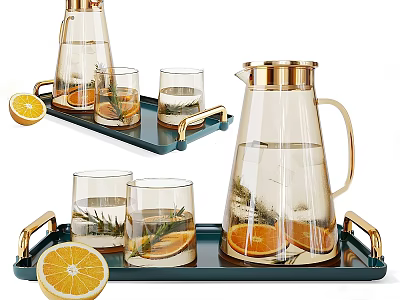 Modern Glass Tea Set With Gold Accent Tray And Lemon Rosemary Decoration 3d model